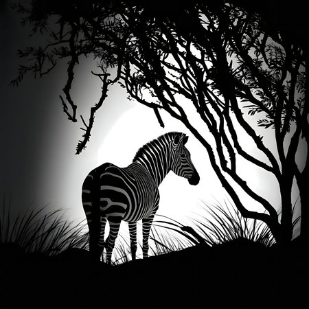 A majestic zebra silhouette stands gracefully under the moonlight, framed by a dark tree.の写真素材