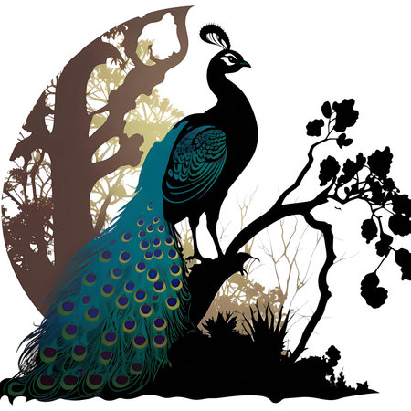 A regal peacock perched on a branch, its vibrant tail feathers spread in a stunning silhouette against a forest background.の写真素材