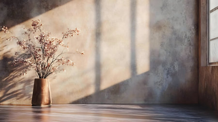 A copper vase with dried flowers sits against a textured wall, bathed in sunlight. The scene is serene and minimalist.の写真素材