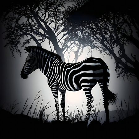 A lone zebra stands majestically in a grayscale African landscape.の写真素材