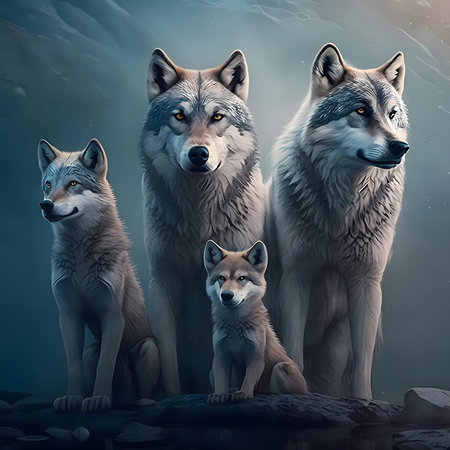 A digital painting of a wolf family, showing four majestic wolves in a serene night setting.の写真素材