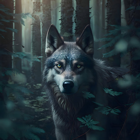 A lone wolf stares intensely from a dark forest.の写真素材