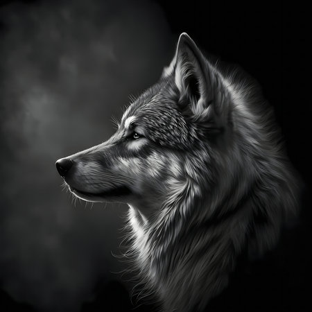 A stunning monochrome digital painting of a wolf's profile, showcasing its powerful presence and...