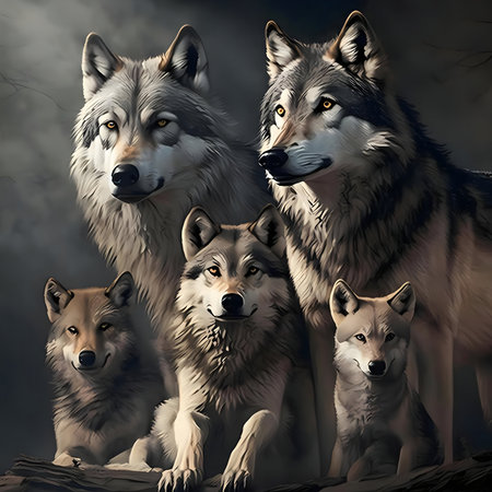 A captivating digital artwork of a wolf family. Four wolves, two adults and two pups, gaze intensely. Dark, serene forest setting.の写真素材