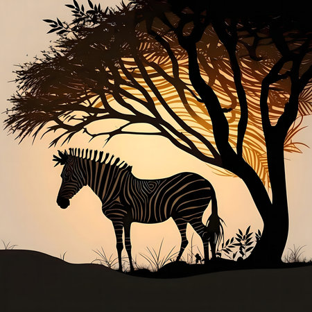 A majestic zebra silhouetted against a vibrant sunset, standing under a large acacia tree in the African savanna.の写真素材