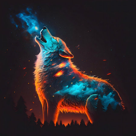 A digital artwork depicting a wolf howling at night, its body filled with cosmic energy.