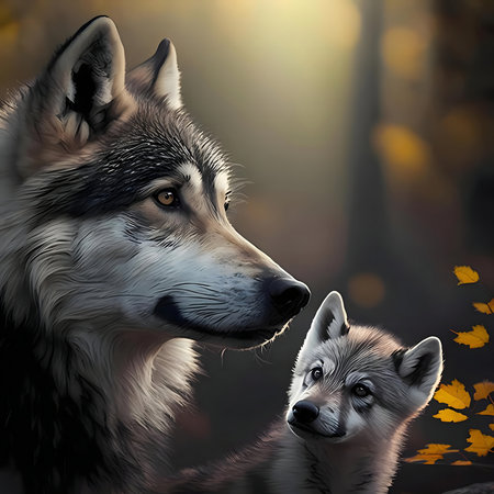 A digital painting of a wolf and her pup in an autumn forest. The image conveys warmth, love, and...
