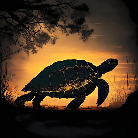 A majestic turtle silhouette at sunset. Peaceful and serene.の写真素材
