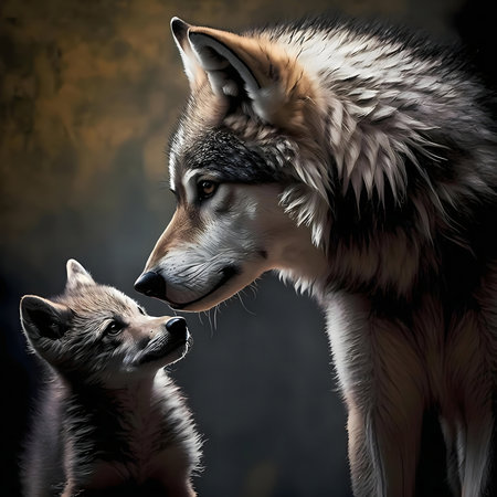 A heartwarming image of a mother wolf and her adorable pup sharing a tender moment.の写真素材
