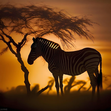 Majestic zebra silhouetted against a vibrant sunset in the African savanna.の写真素材