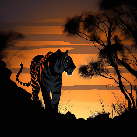 A majestic tiger silhouette at sunset in the African savanna. The tiger is walking on the hill, showing peace and beauty.の写真素材