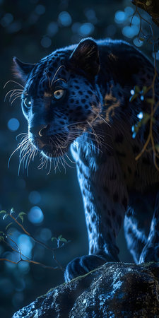 A stunning black panther at night, its eyes glowing. Mysterious and captivating.の写真素材