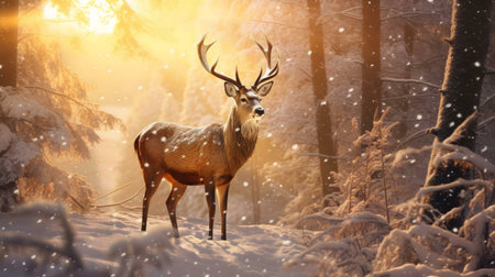 A majestic stag stands in a snow-covered winter forest, bathed in the golden light of the setting sun.の写真素材
