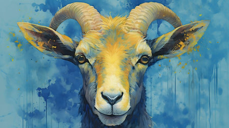 A stunning watercolor painting of a majestic mountain goat. The vibrant colors and detailed features showcase the animal's serene beauty.の写真素材