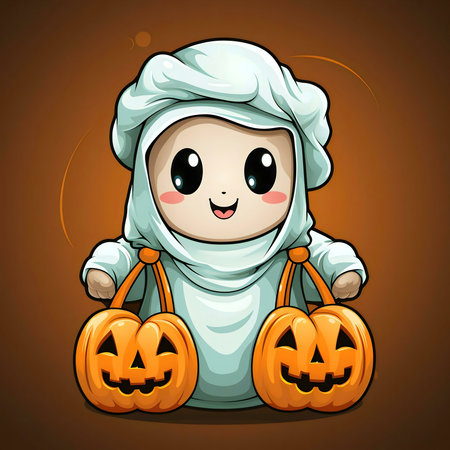 A cute baby ghost in a Halloween costume carrying pumpkins.の写真素材