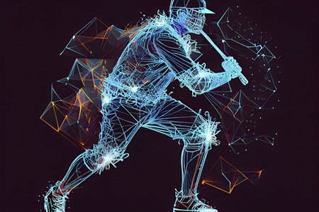 Abstract digital art depicting a baseball player swinging a bat. Dynamic and energetic.