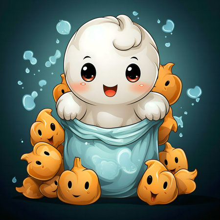 A cute cartoon ghost happily peeking from a bag full of treats. Halloween theme.の写真素材