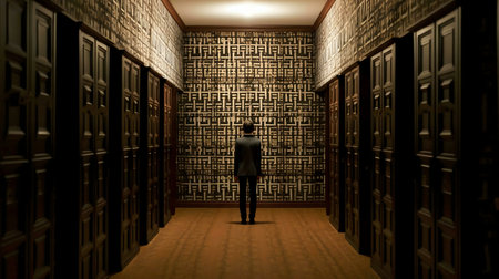A man stands alone in a long hallway with patterned walls and dark wooden doors. The atmosphere is mysterious.の写真素材