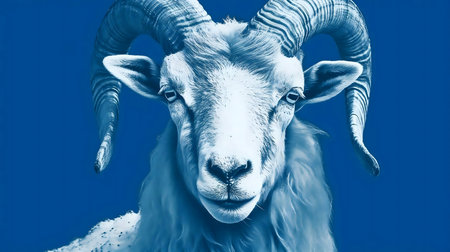 Close-up of a ram's head against a blue background.