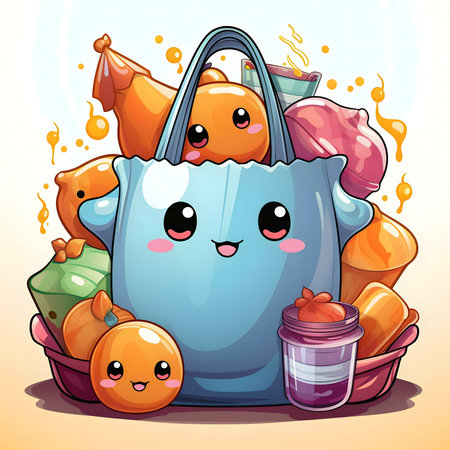 A cute cartoon grocery bag filled with kawaii food items. Bright and cheerful illustration.の写真素材
