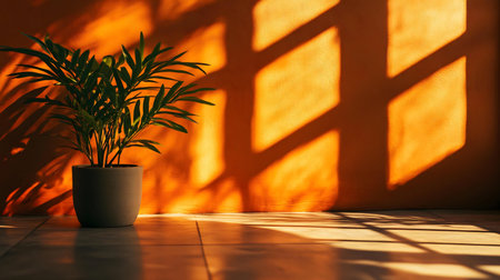 A vibrant houseplant in a pot sits against an orange wall bathed in sunlight, creating dramatic shadows.の写真素材