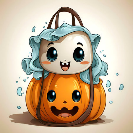 A charming Halloween illustration featuring a cute pumpkin treat bag with a marshmallow character.の写真素材
