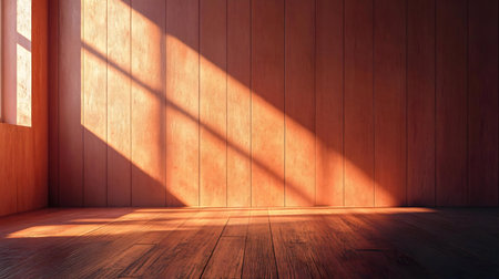 Warm sunlight streams into an empty room with wooden walls and floors, creating a serene atmosphere.の写真素材