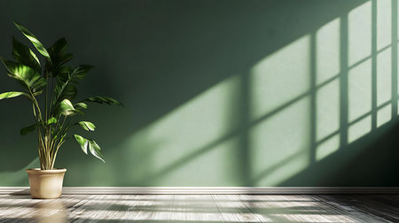 A peaceful indoor scene featuring a lush green plant in a pot, bathed in sunlight streaming through a window. The green wall casts interesting shadows.の写真素材