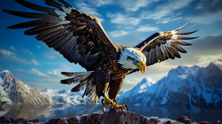 A bald eagle with its wings outstretched perched on a mountaintop overlooking a snowy mountain...