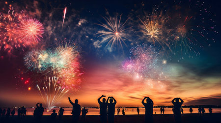 Silhouetted figures watch a vibrant fireworks show over a beach at night.の写真素材