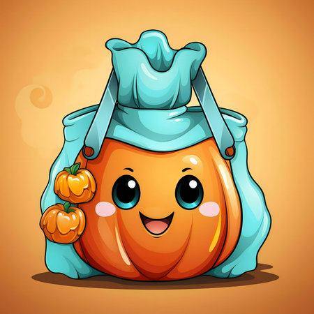 A charming illustration of a smiling pumpkin dressed in a trick-or-treat bag for Halloween.の写真素材