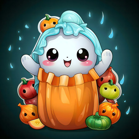 A charming illustration of a cute ghost inside a pumpkin for Halloween.の写真素材