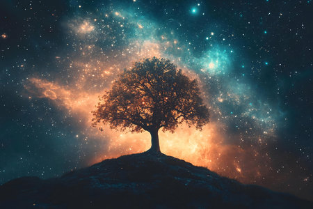 A lone tree stands on a hilltop, silhouetted against a vibrant, starry night sky. Cosmic colors fill...