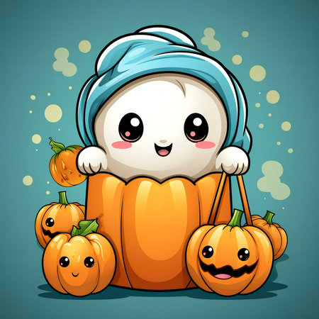 A charming ghost in a towel sits inside a pumpkin with other pumpkins around. Halloween themed illustrationの写真素材