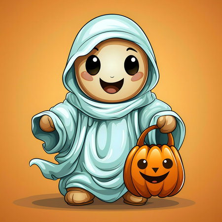 A cute cartoon ghost in a Halloween costume holds a candy pumpkin.の写真素材