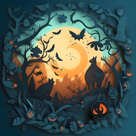 A spooky Halloween scene with cats, bats, and a crescent moon. Paper cut art style.の写真素材