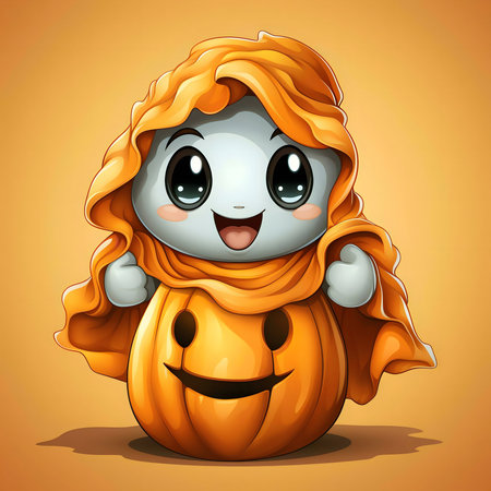 A cute ghost in a pumpkin costume for Halloweenの写真素材
