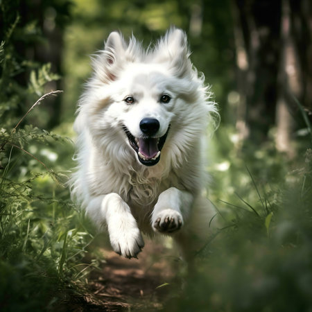A joyful white Swiss shepherd dog runs through a vibrant green forest.