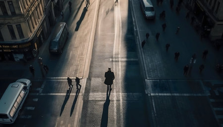 A lone man walks down a city street, bathed in sunlight, contrasting with the dark shadows of the surrounding urban landscape.の写真素材