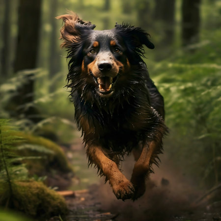 A wet dog joyfully runs through a lush forest.の写真素材