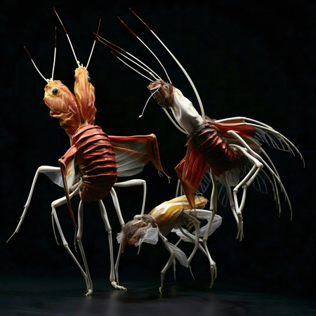 Three insect-like sculptures in a surreal dance.