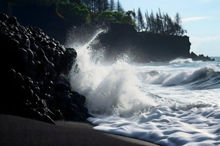 Waves breaking on a volcanic black sand beach. Dramatic scene.の写真素材