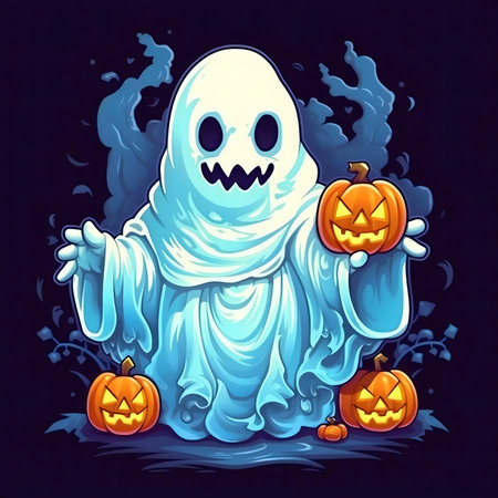 Adorable illustration of a friendly ghost celebrating Halloween with pumpkinsの写真素材