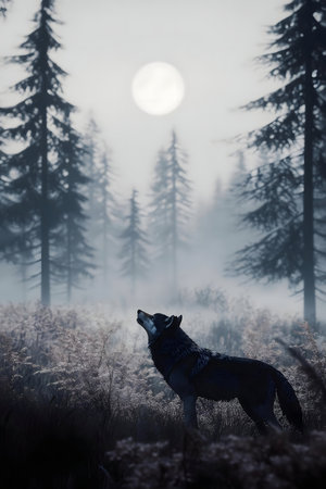 A lone wolf howls under a bright moon in a misty forest at night.の写真素材