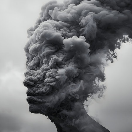 A grayscale photo of a person's face obscured by a large cloud of smoke. The image is abstract and...