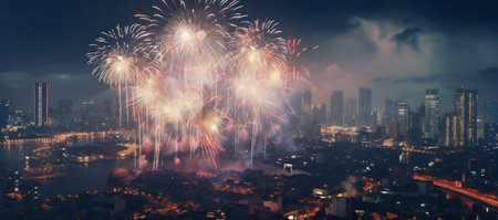 Aerial view of a breathtaking fireworks show illuminating a city at night.の写真素材
