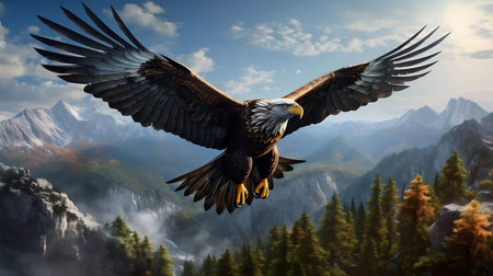 A majestic eagle in flight over a breathtaking mountain range.