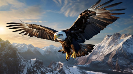 A majestic bald eagle in flight over a stunning snowy mountain range at sunrise. Freedom and power embodied.の写真素材