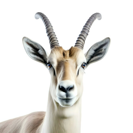 Close-up portrait of an Arabian Oryx, showing its majestic horns and serene expression against a white background.の写真素材