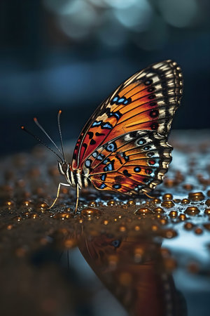 A breathtaking macro photograph of a butterfly near water with its reflectionの写真素材